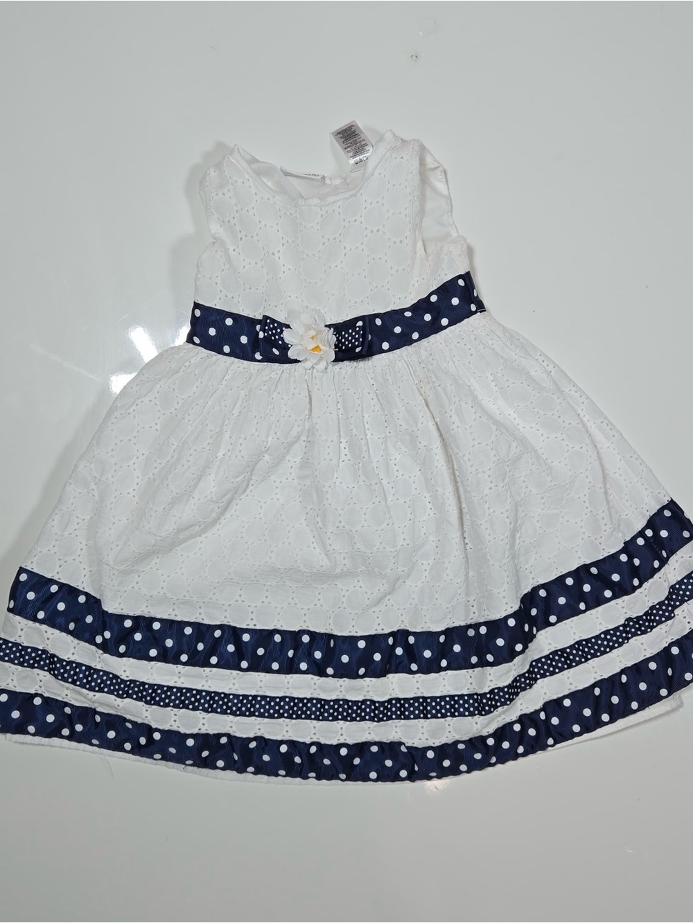 Blueberi Boulevard White Eyelet Dress with Navy Polka Dot Trim
